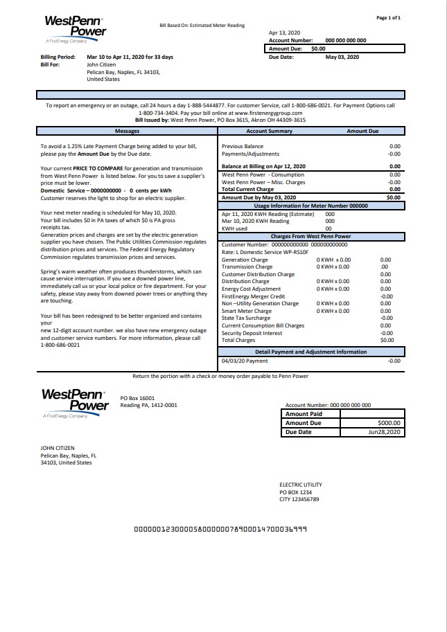 USA Pennsylvania West Penn Power utility bill template in Word and PDF format